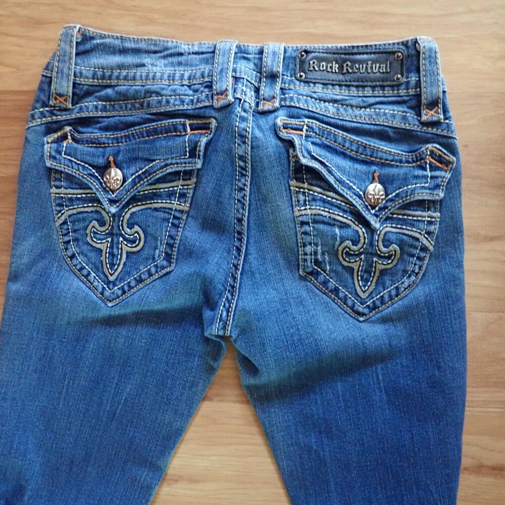 NWOT WOMEN'S Rock Revival Destroyed "PATTI" Flap Pocket Boot Jeans 29x31 Stretch